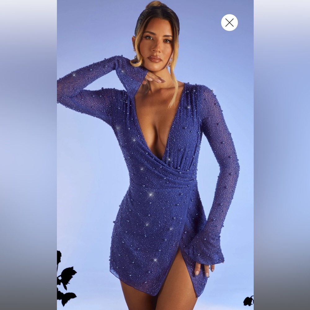 Embellished Wrap Over A-Line Mini Dress in Dark Blue